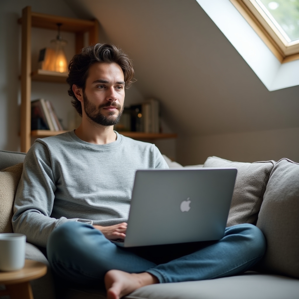 Muž sleduje online webinář o financích na notebooku v obývacím pokoji